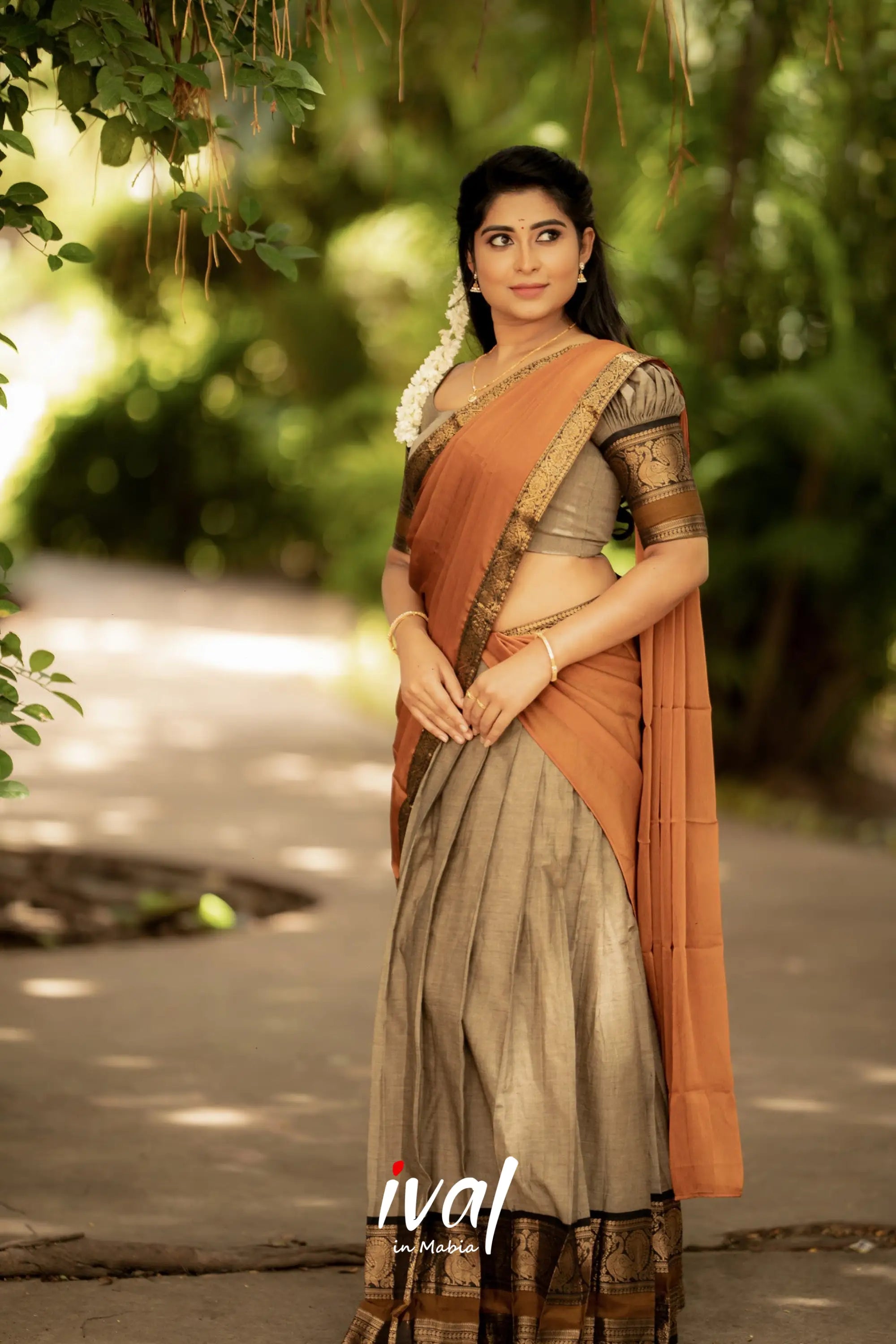 Padmaja - Brownish Grey And Mustard Cotton Halfsaree Half Sarees