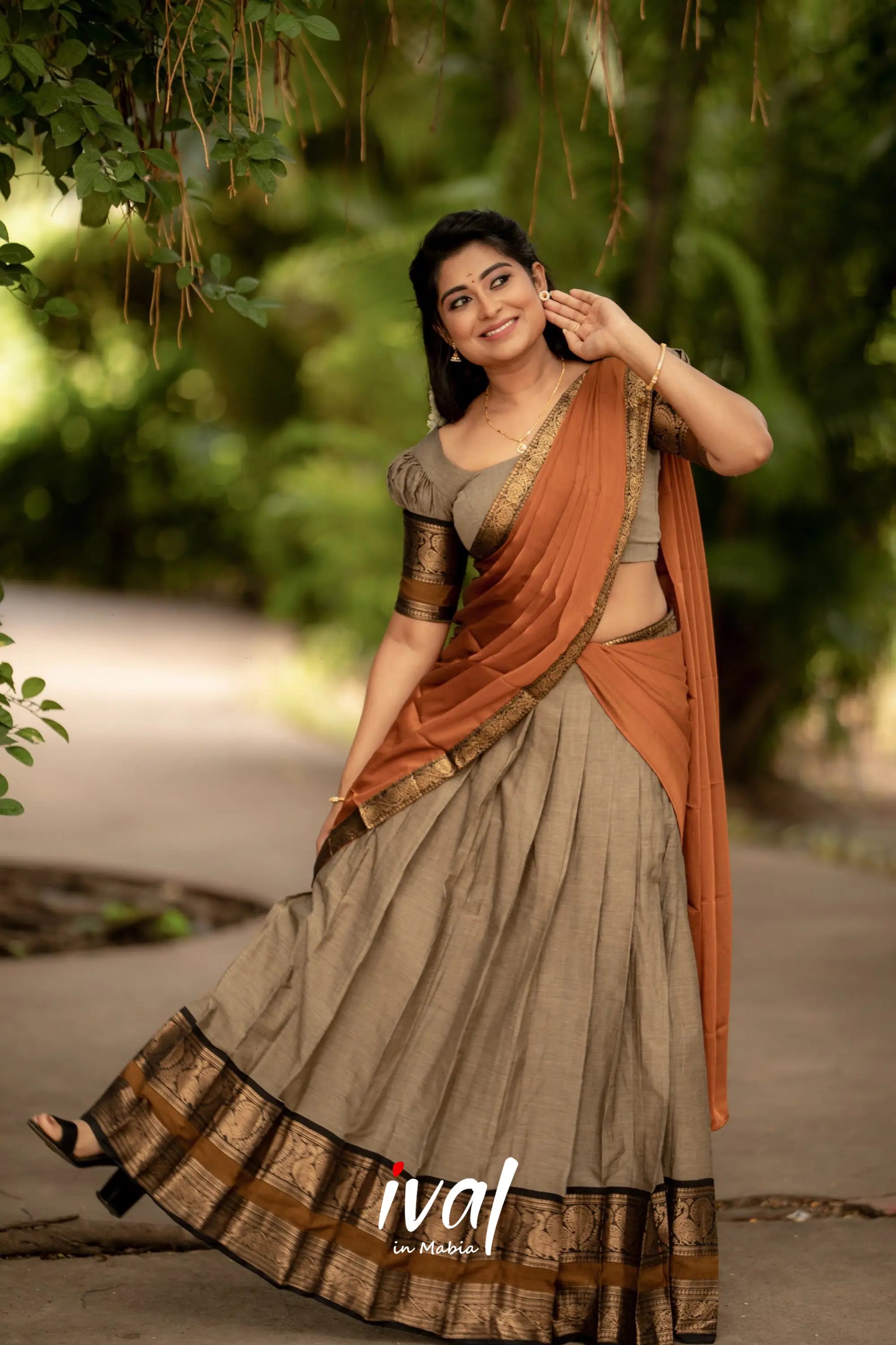 Padmaja - Brownish Grey And Mustard Cotton Halfsaree Half Sarees