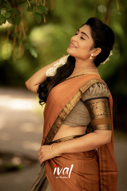 Padmaja - Brownish Grey And Mustard Cotton Halfsaree Half Sarees