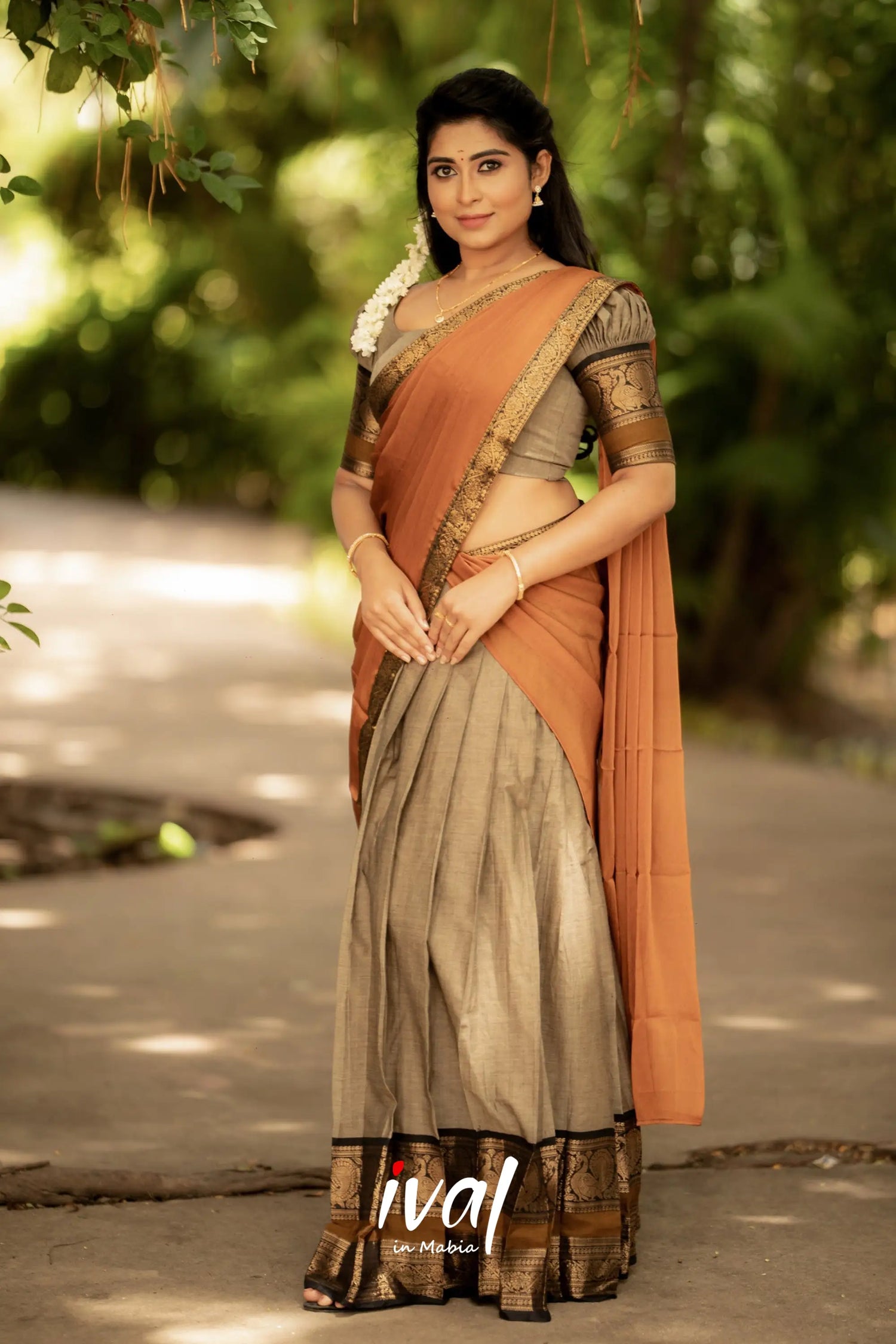 Padmaja - Brownish Grey And Mustard Cotton Halfsaree Half Sarees