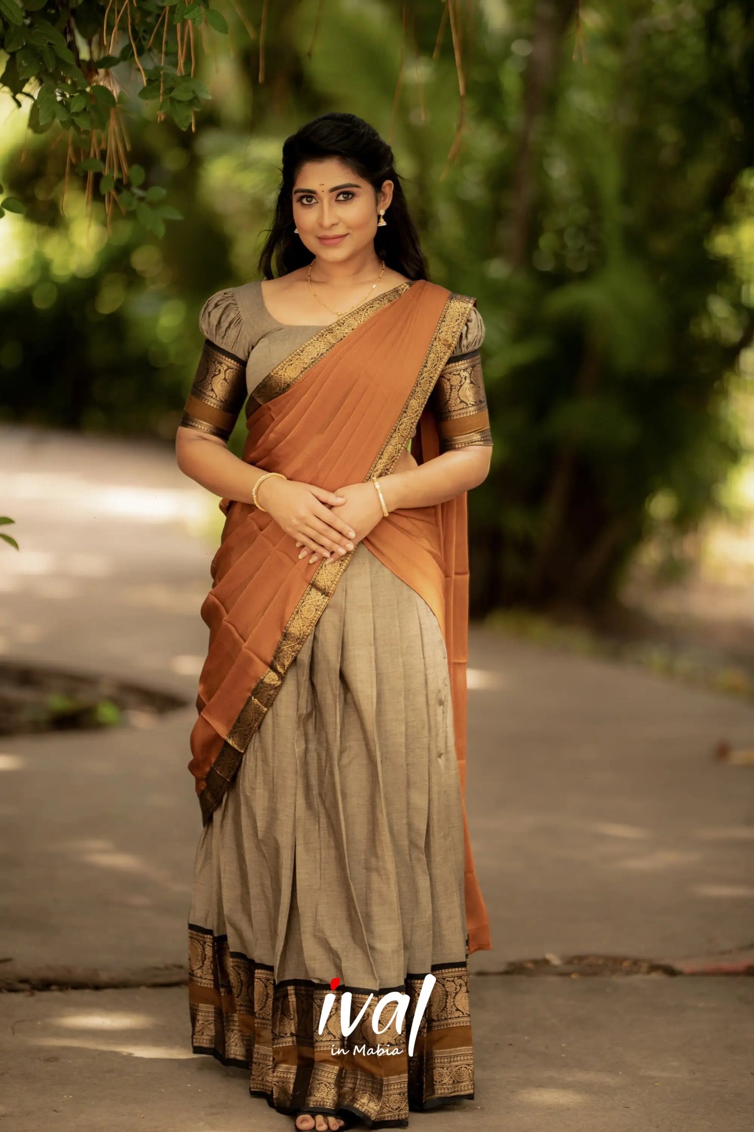 Padmaja - Brownish Grey And Mustard Cotton Halfsaree Half Sarees