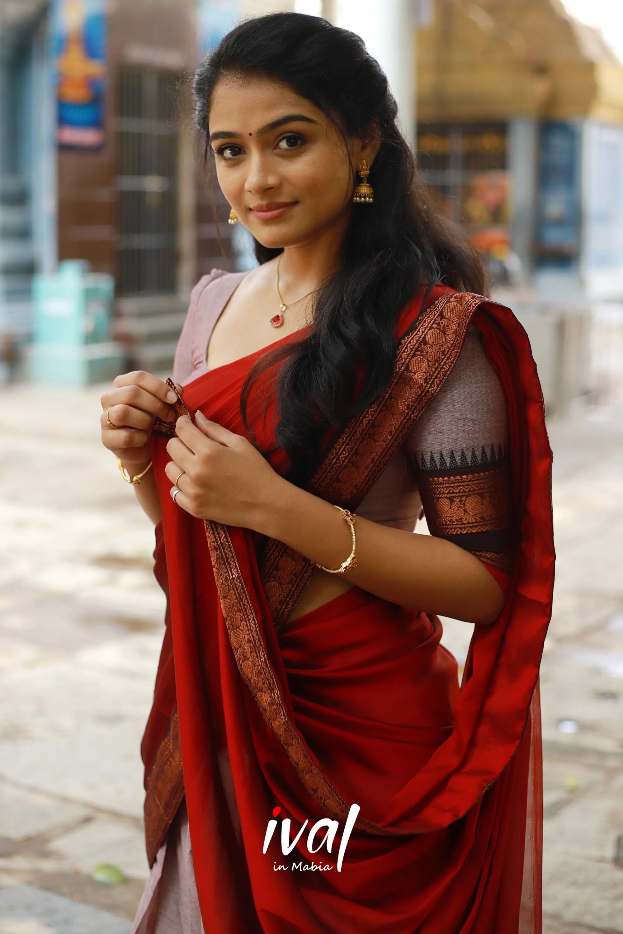 Padmaja - Brownish Grey And Red Cotton Halfsaree Half Sarees