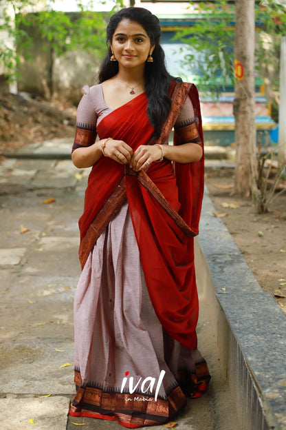 Padmaja - Brownish Grey And Red Cotton Halfsaree Half Sarees