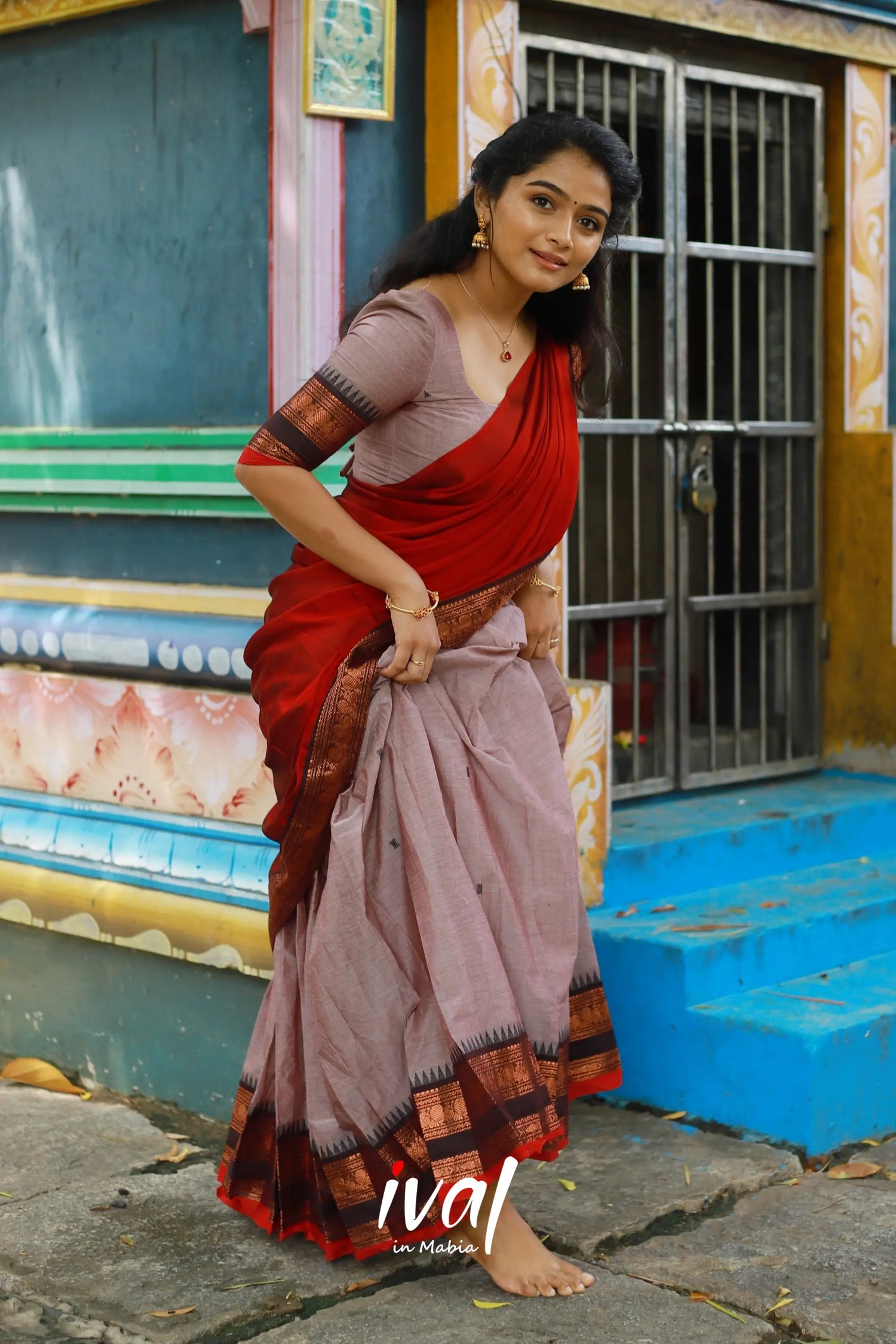 Padmaja - Brownish Grey And Red Cotton Halfsaree Half Sarees