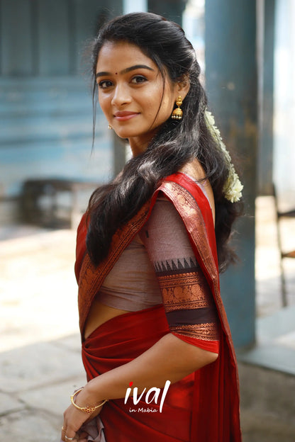 Padmaja - Brownish Grey And Red Cotton Halfsaree Half Sarees