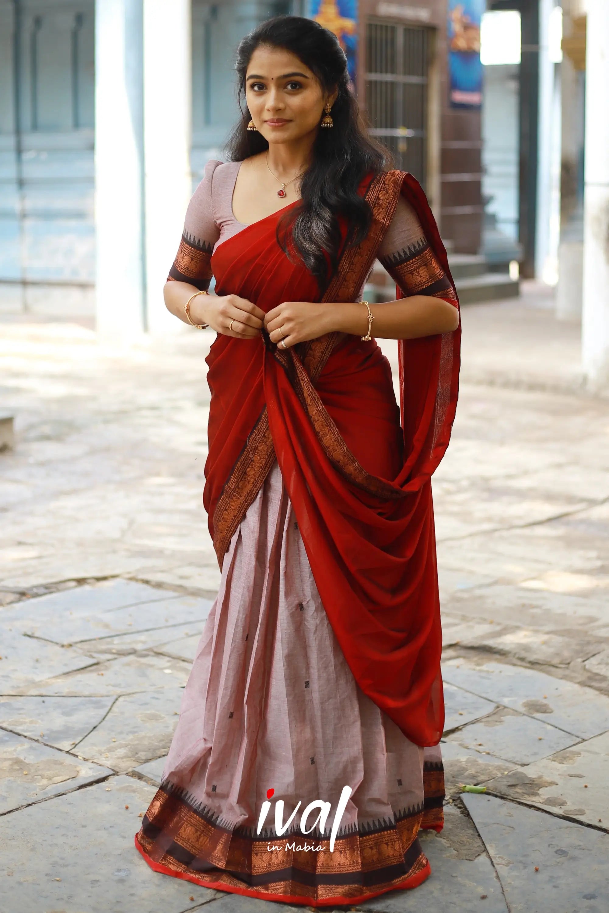 Padmaja - Brownish Grey And Red Cotton Halfsaree Half Sarees