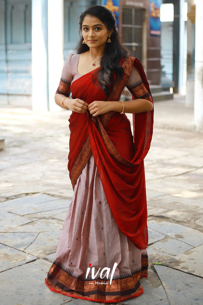 Padmaja - Brownish Grey And Red Cotton Halfsaree Half Sarees