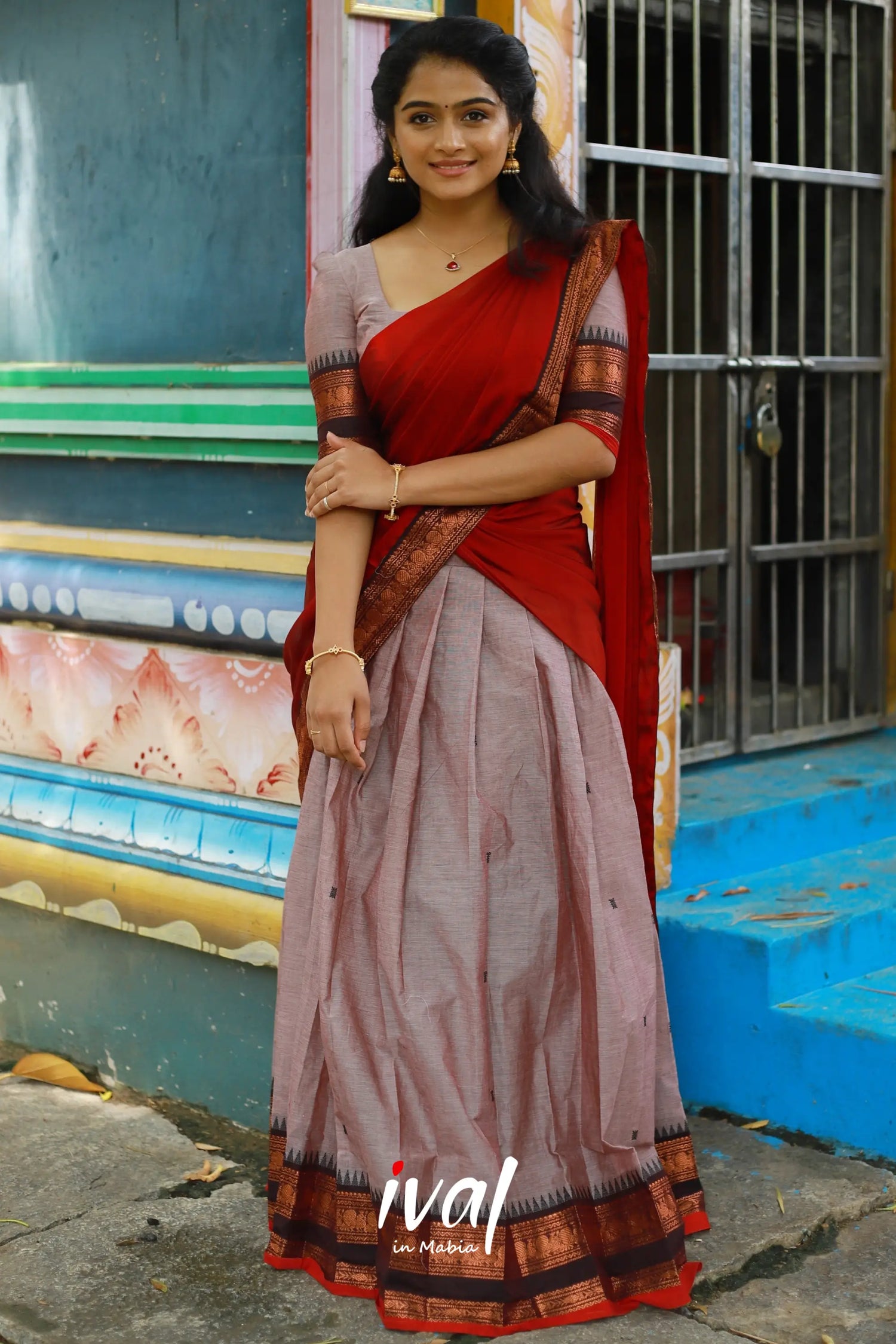 Padmaja - Brownish Grey And Red Cotton Halfsaree Half Sarees