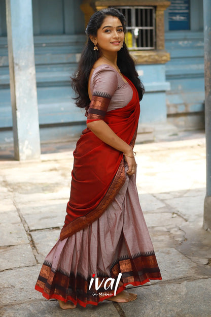 Padmaja - Brownish Grey And Red Cotton Halfsaree Half Sarees