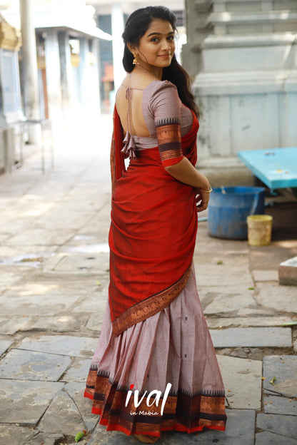 Padmaja - Brownish Grey And Red Cotton Halfsaree Half Sarees