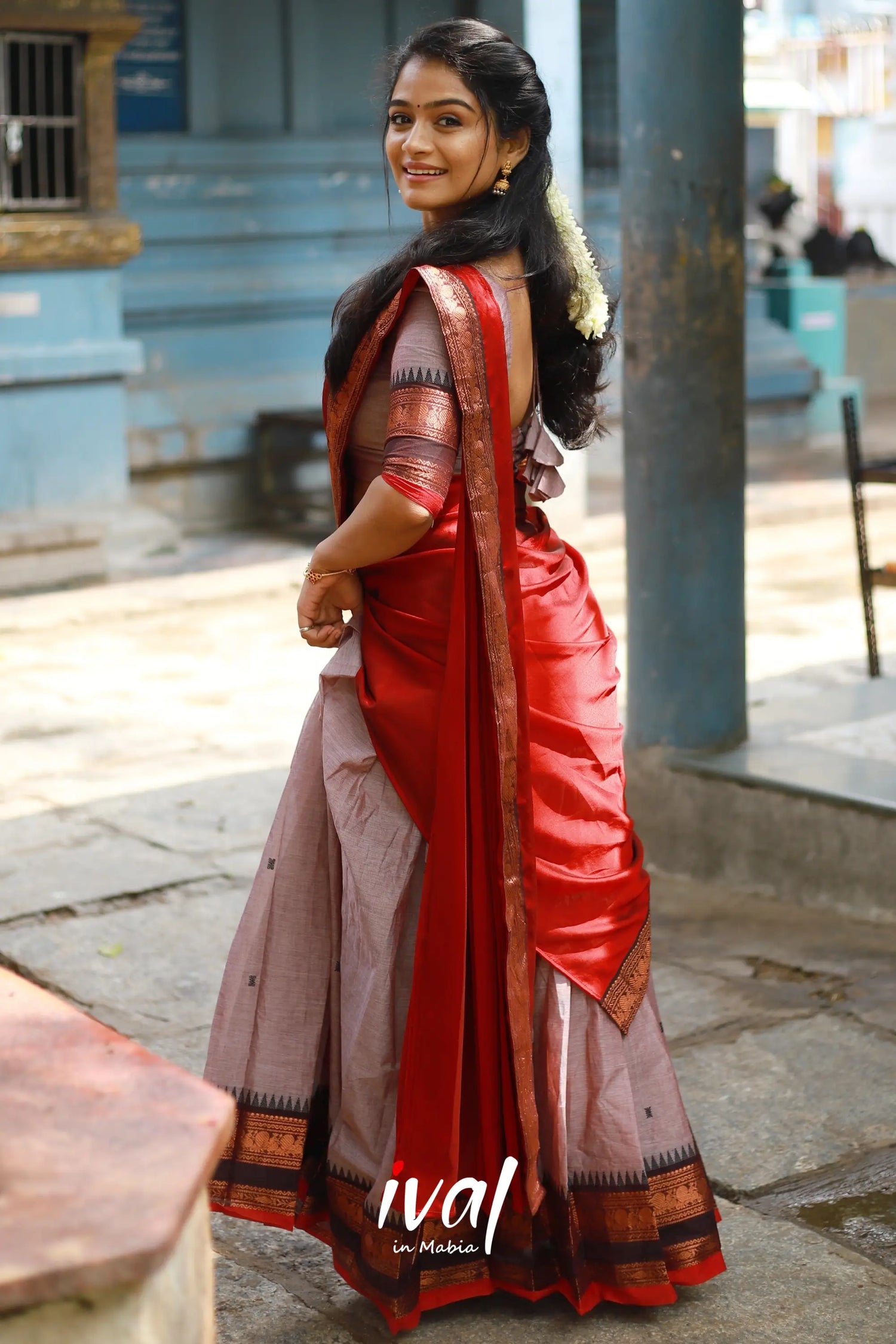 Padmaja - Brownish Grey And Red Cotton Halfsaree Half Sarees