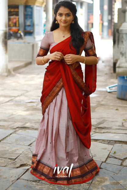 Padmaja - Brownish Grey And Red Cotton Halfsaree Half Sarees