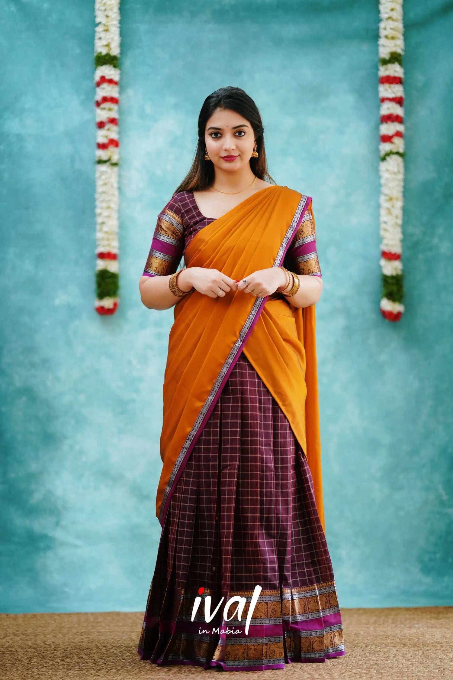 Padmaja - Burgundy And Mustard Cotton Halfsaree Half Sarees