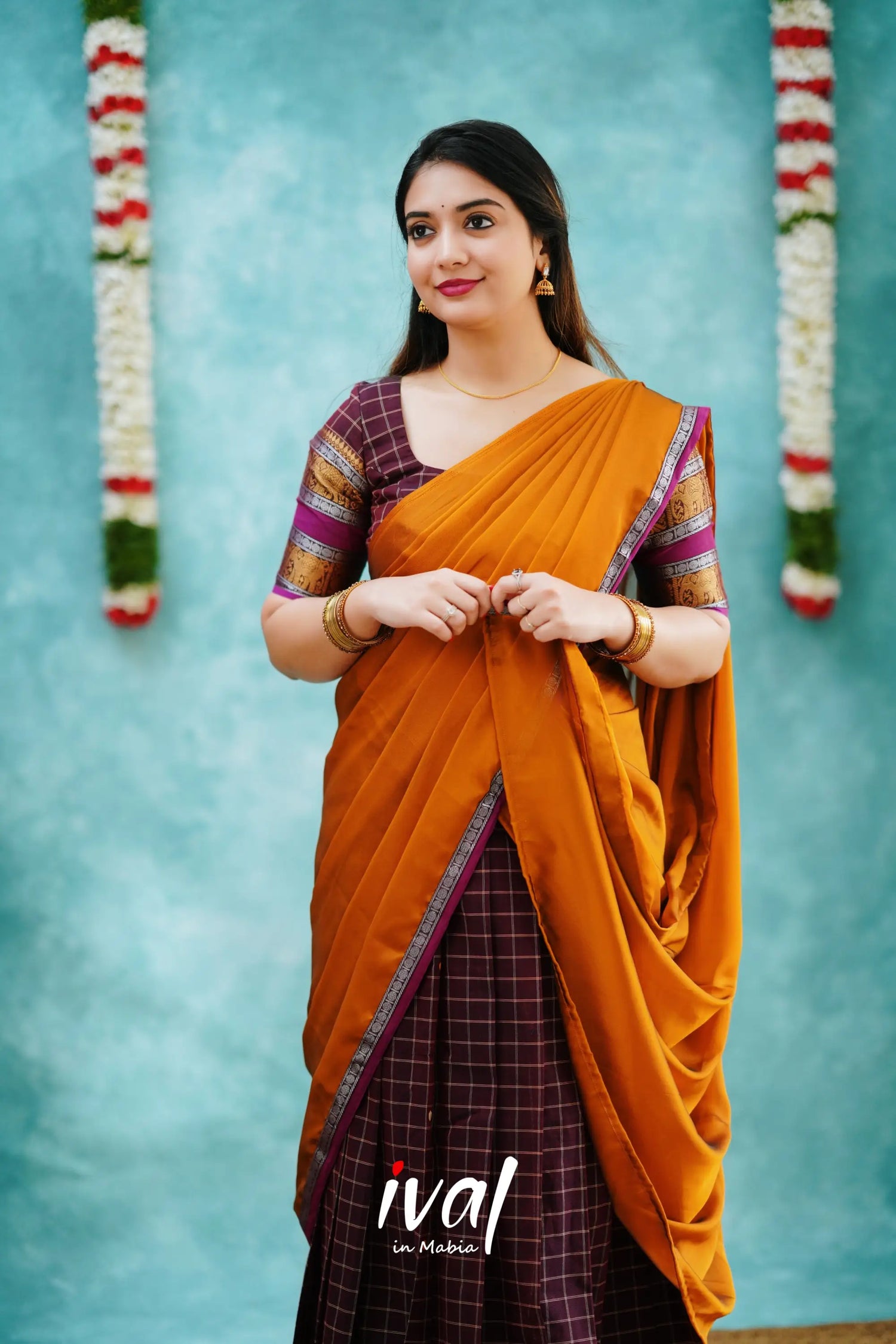 Padmaja - Burgundy And Mustard Cotton Halfsaree Half Sarees