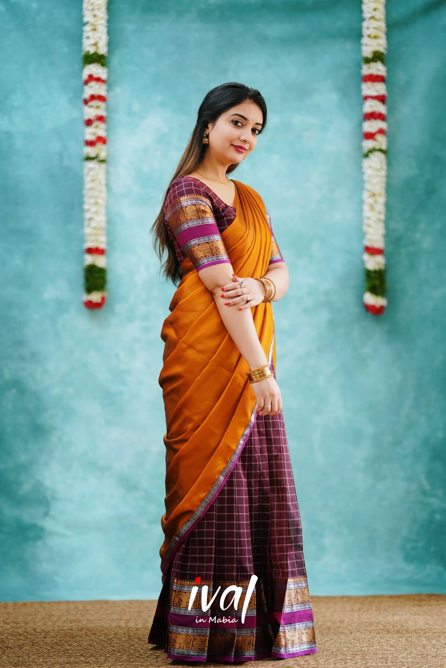 Padmaja - Burgundy And Mustard Cotton Halfsaree Half Sarees