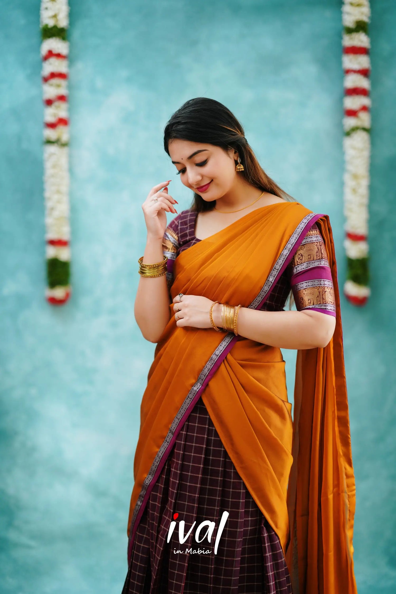 Padmaja - Burgundy And Mustard Cotton Halfsaree Half Sarees