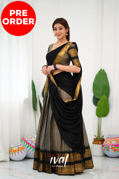 Padmaja Cotton Half Saree - Ash And Black Sarees