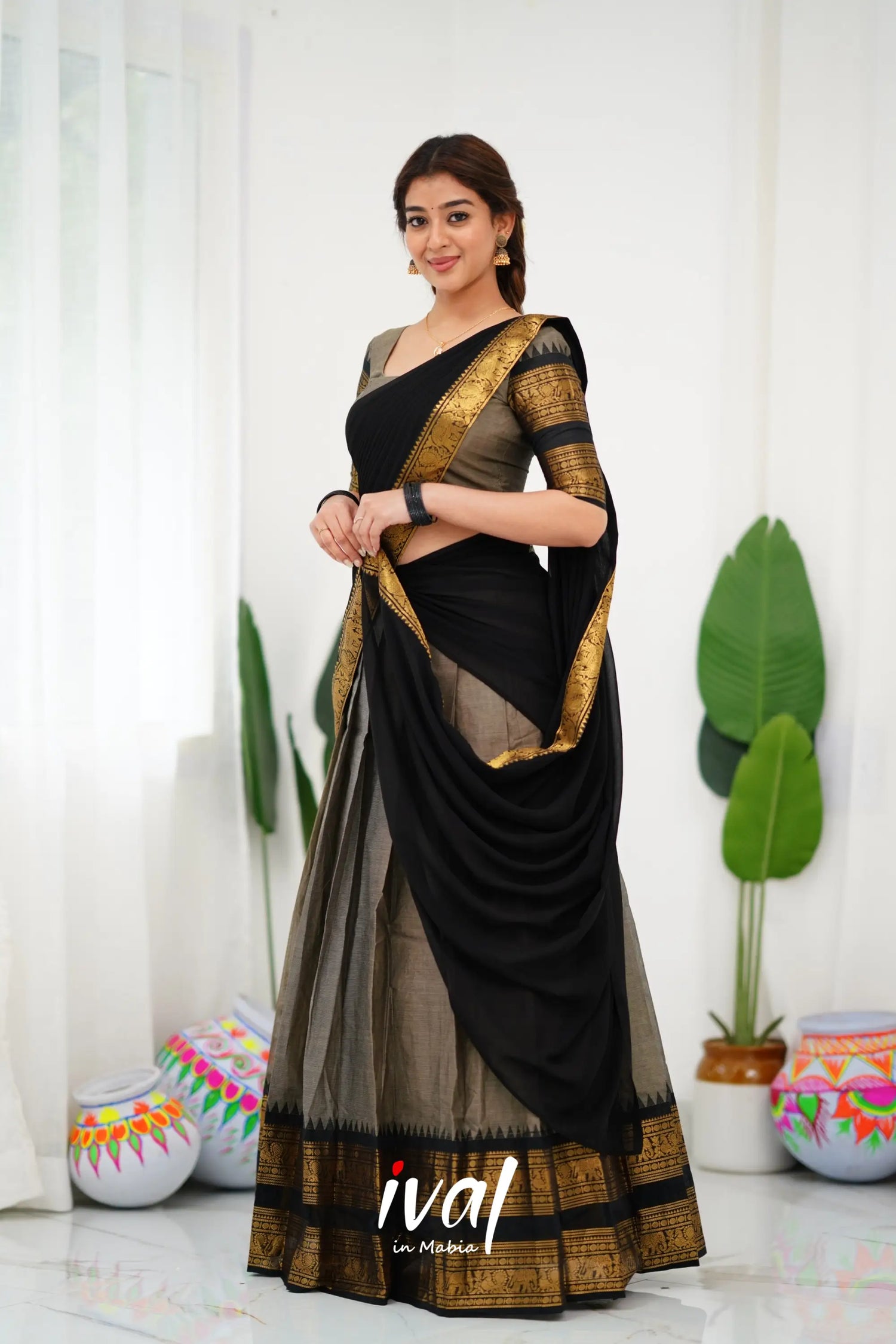 Padmaja Cotton Half Saree - Ash And Black Sarees