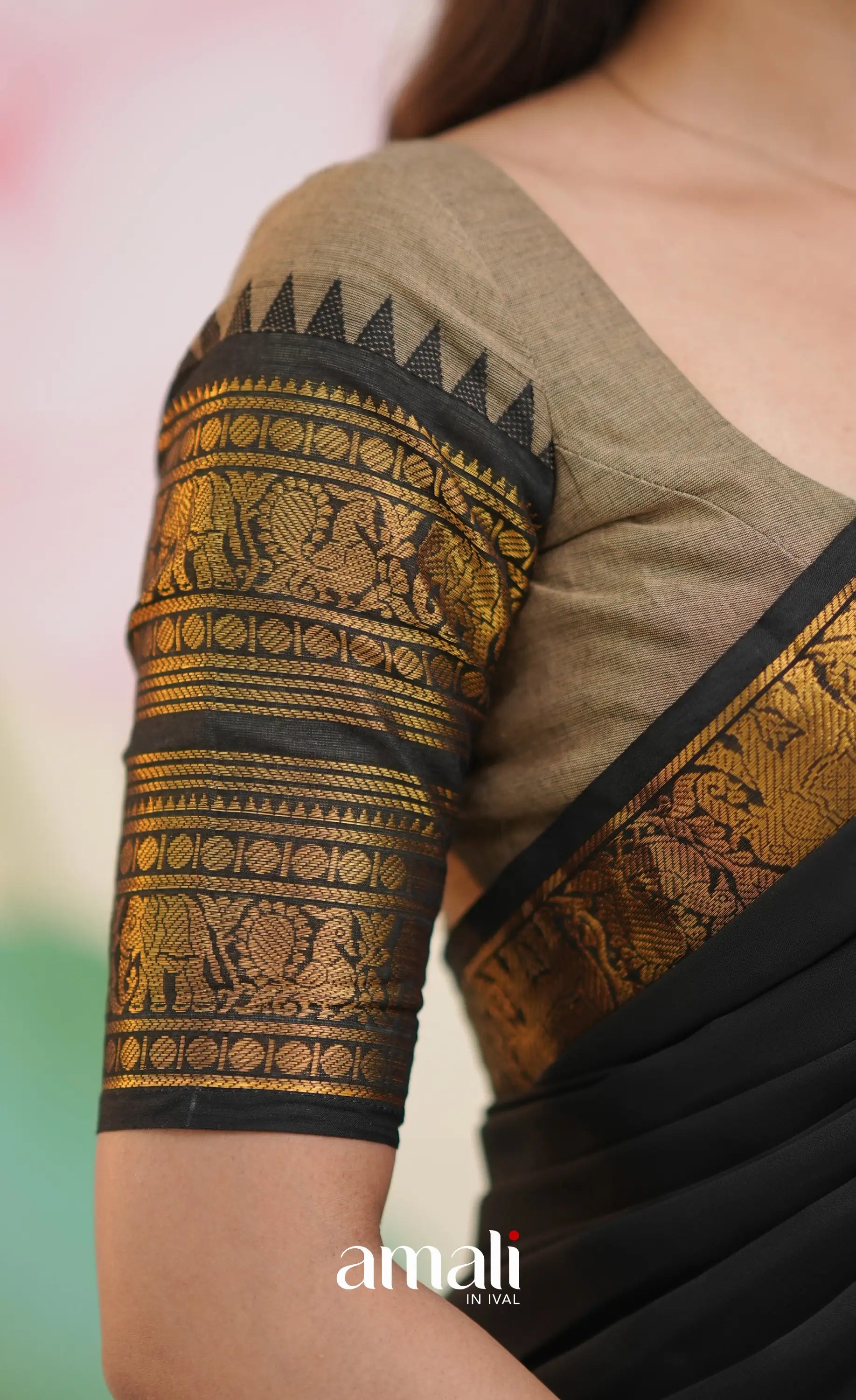 Padmaja Cotton Half Saree - Ash and Black - Half Sarees