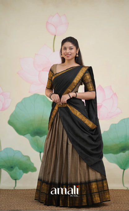 Padmaja Cotton Half Saree - Ash and Black - Half Sarees
