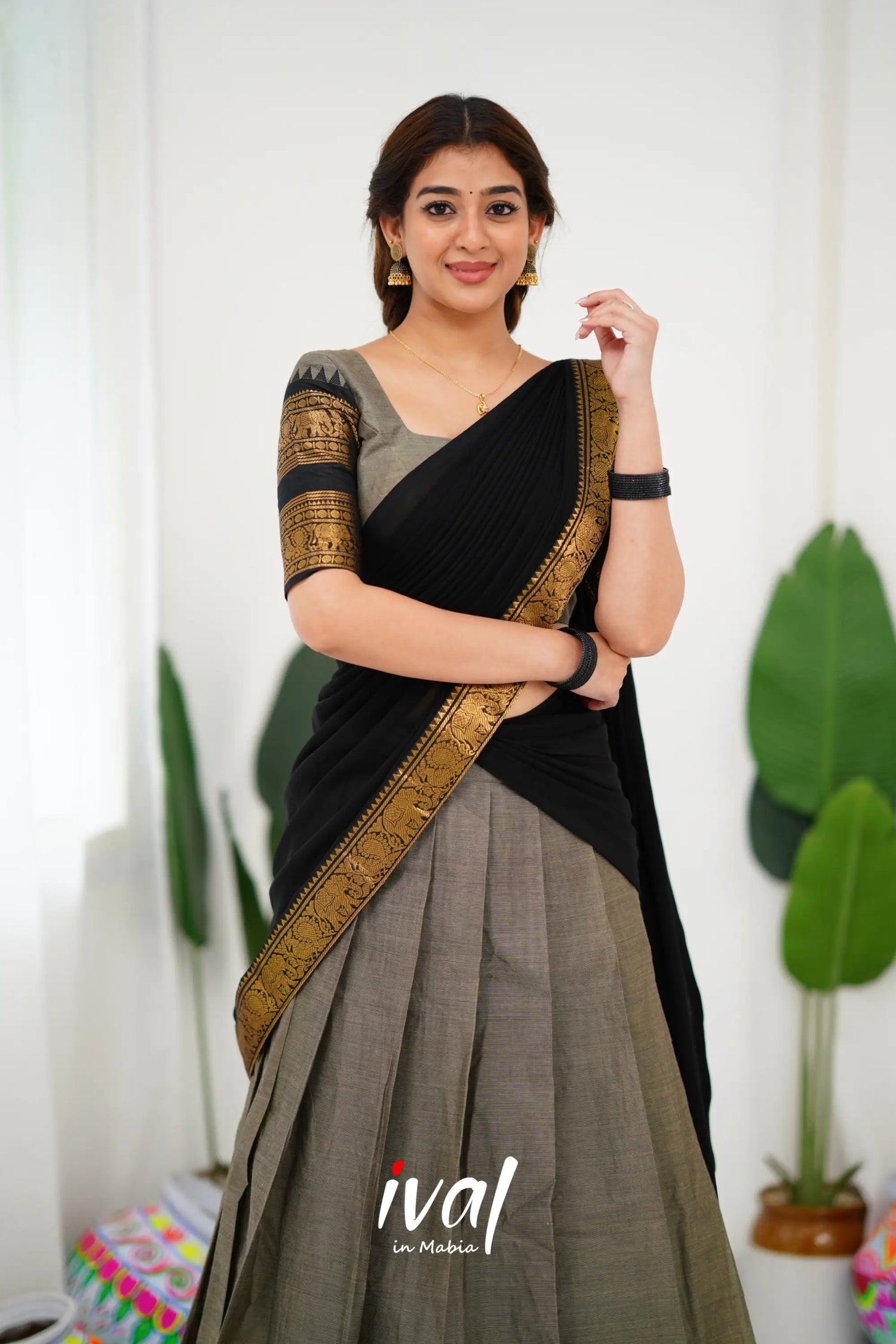 Padmaja Cotton Half Saree - Ash And Black Sarees