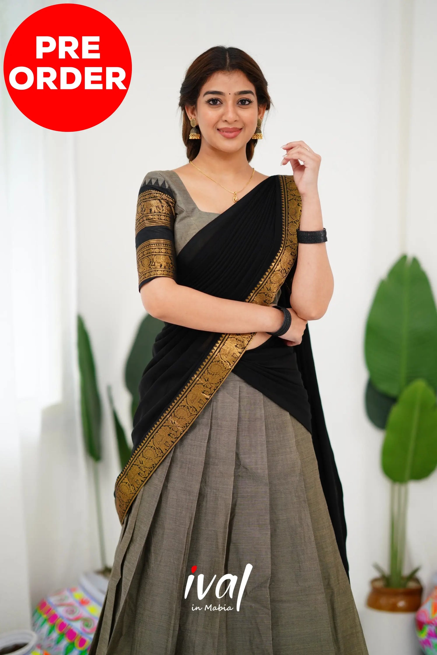 Padmaja Cotton Half Saree - Ash And Black Sarees