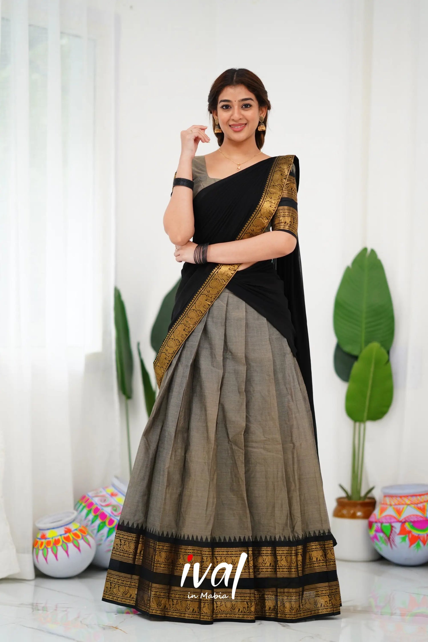 Padmaja Cotton Half Saree - Ash And Black Sarees