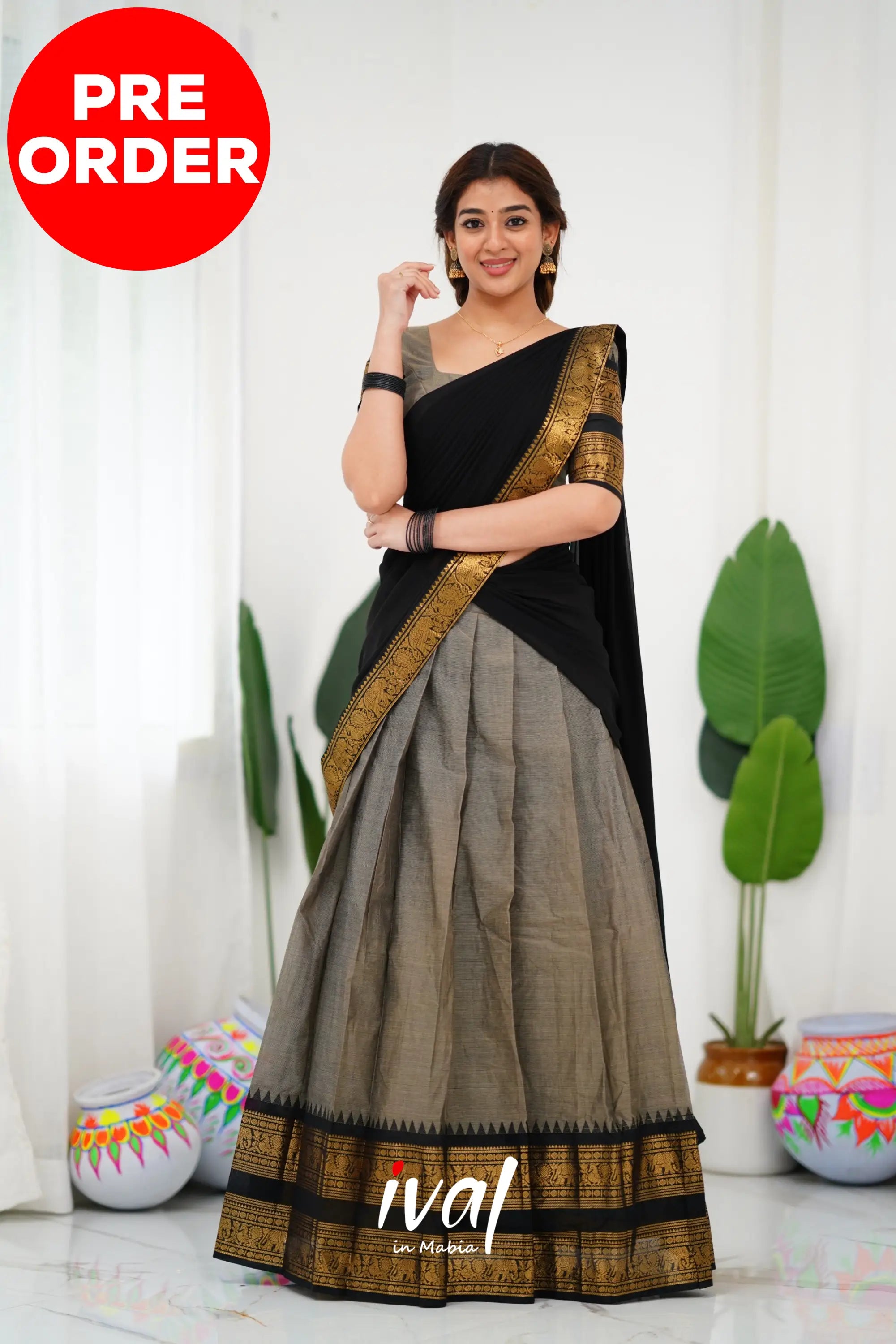 Padmaja Cotton Half Saree - Ash And Black Sarees