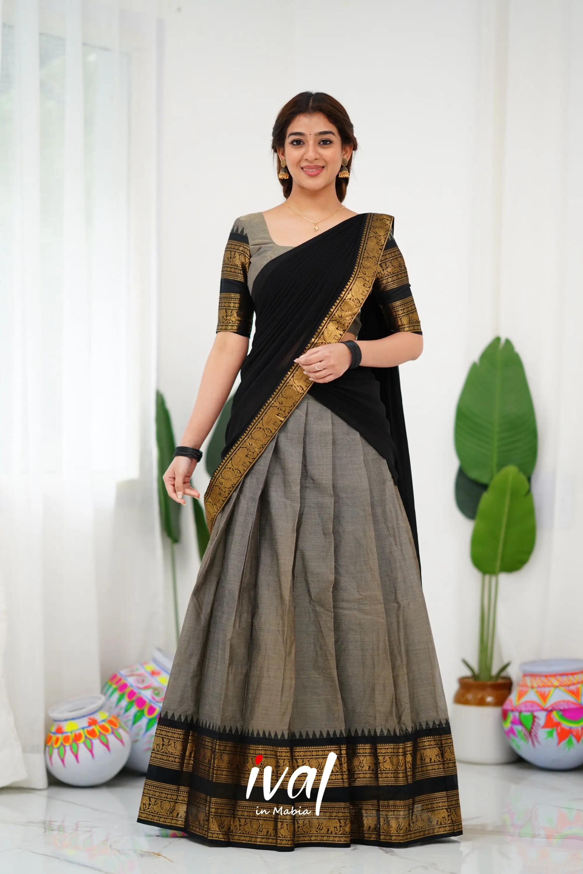 Padmaja Cotton Half Saree - Ash And Black Sarees