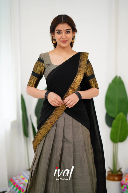 Padmaja Cotton Half Saree - Ash And Black Sarees