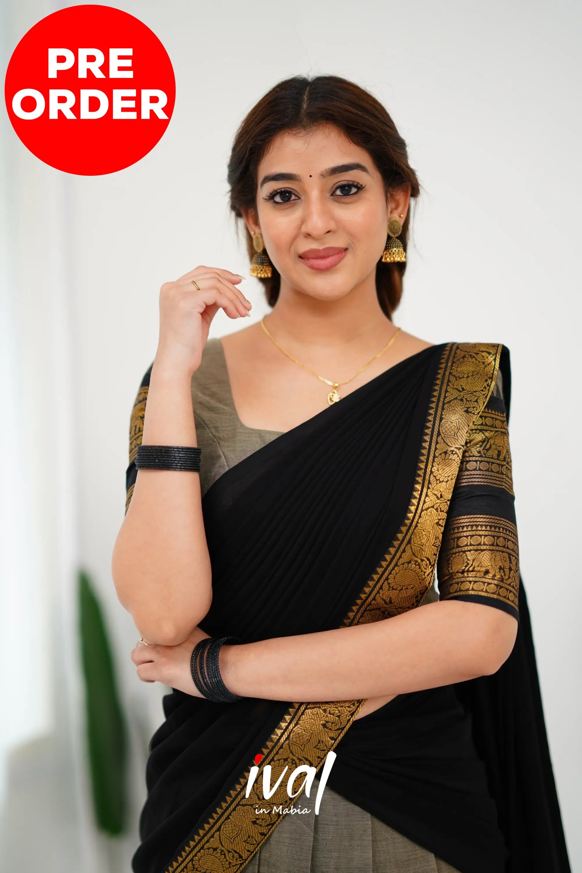 Padmaja Cotton Half Saree - Ash And Black Sarees