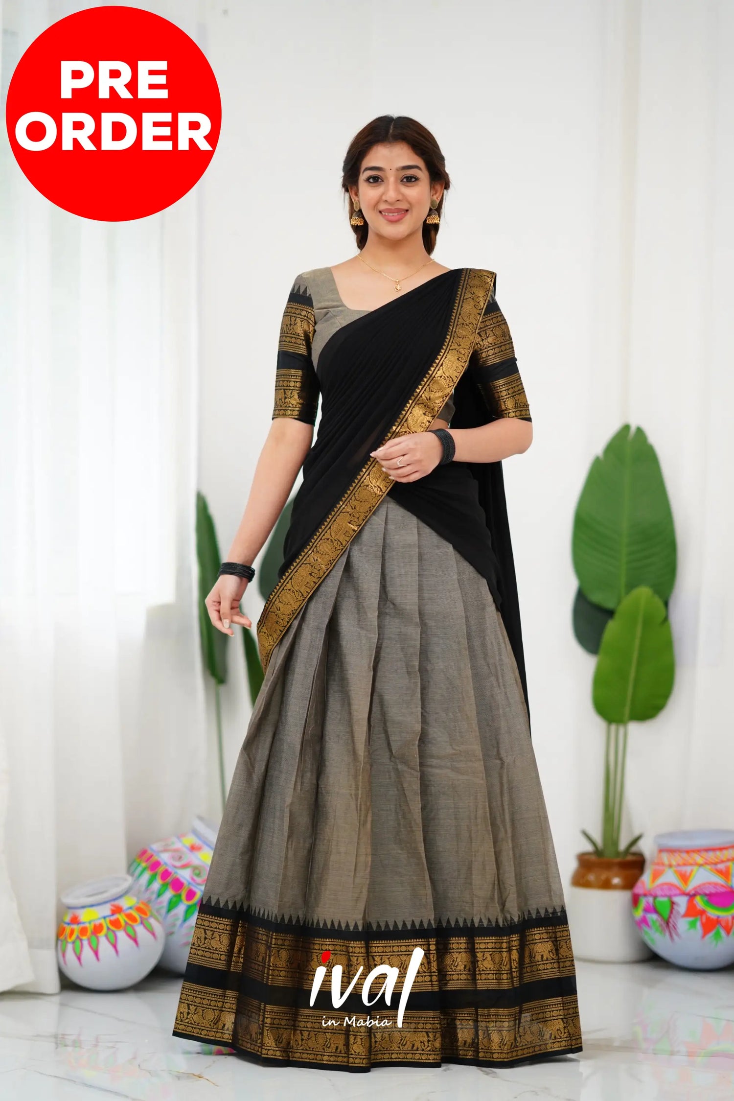 Padmaja Cotton Half Saree - Ash And Black Sarees