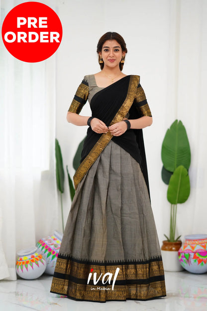 Padmaja Cotton Half Saree - Ash And Black Sarees