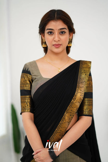 Padmaja Cotton Half Saree - Ash And Black Sarees