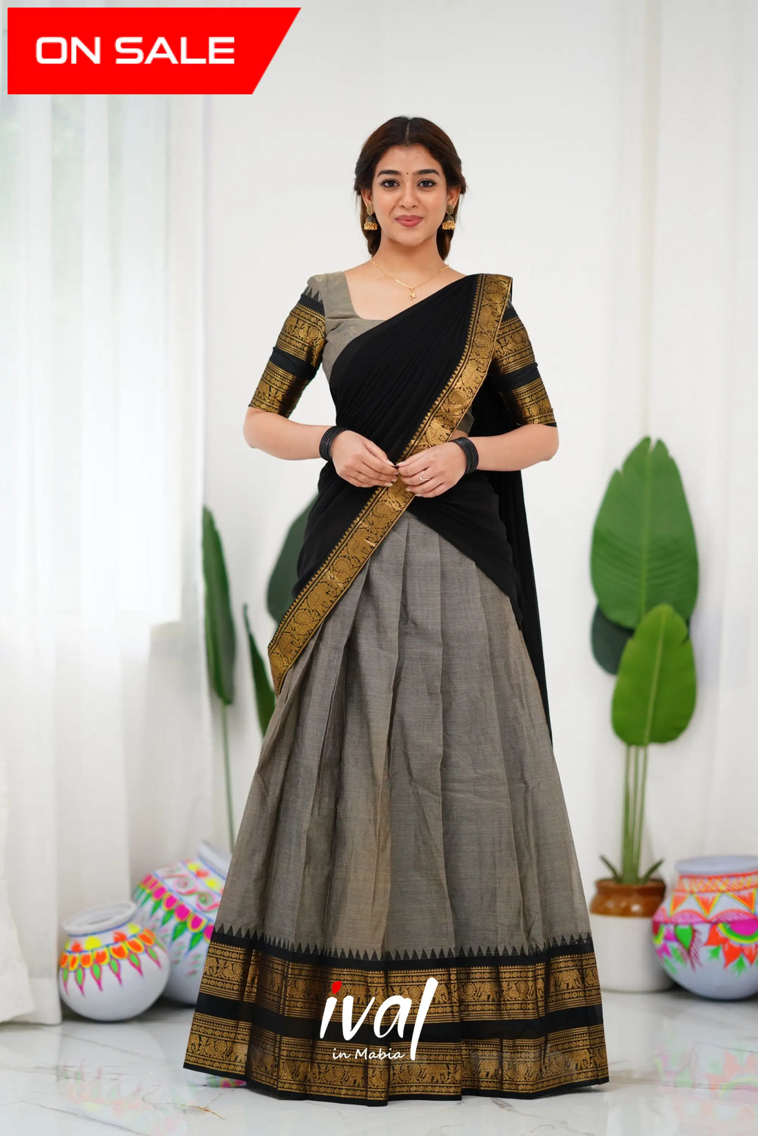 Padmaja Cotton Half Saree - Ash And Black Sarees