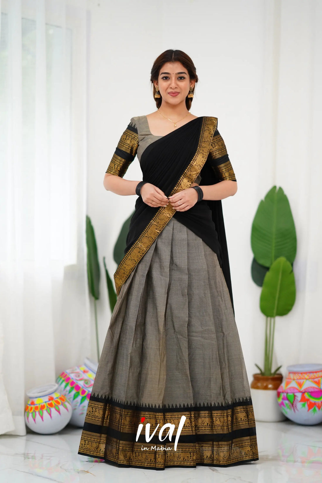 Padmaja Cotton Half Saree - Ash And Black Sarees