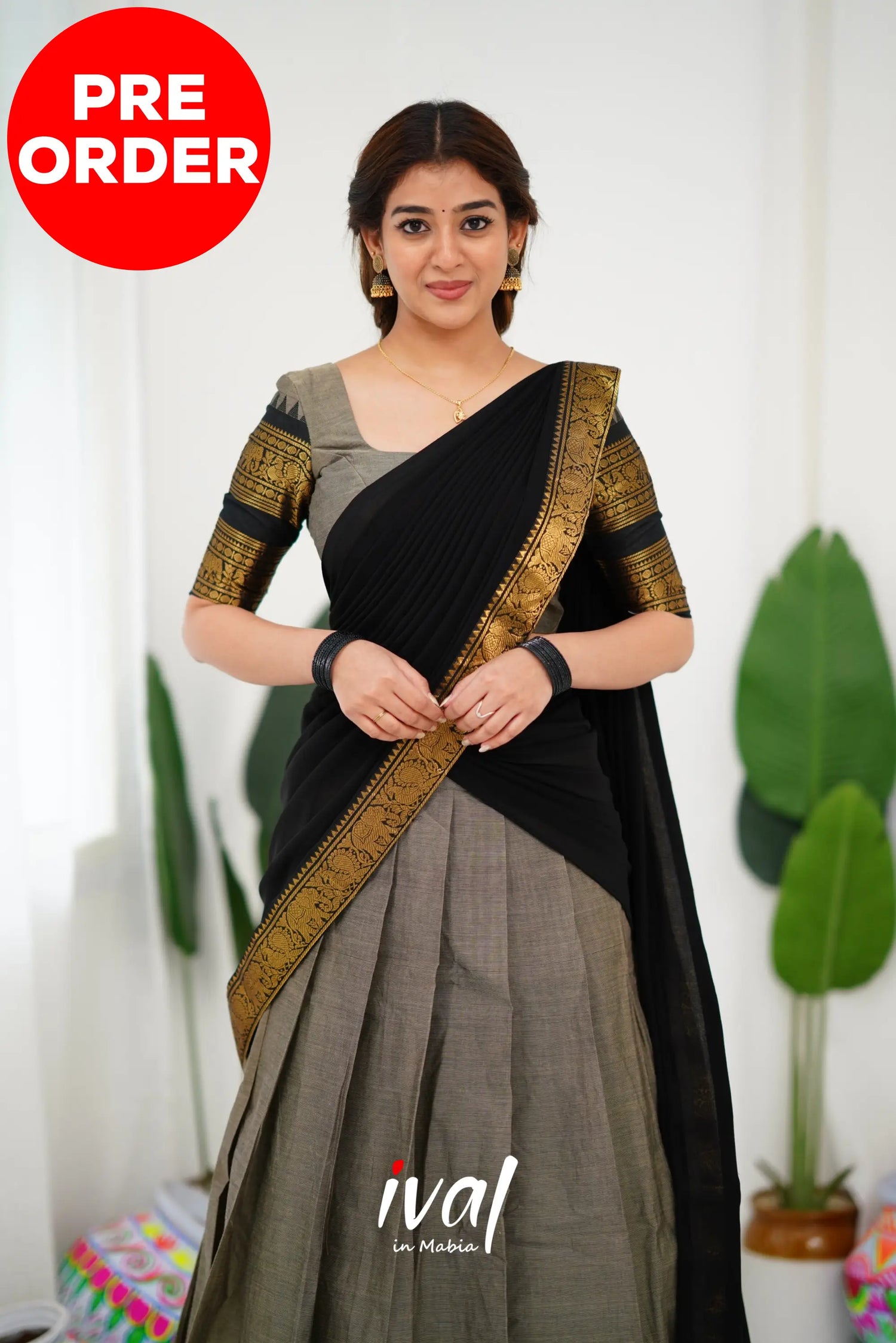 Padmaja Cotton Half Saree - Ash And Black Sarees