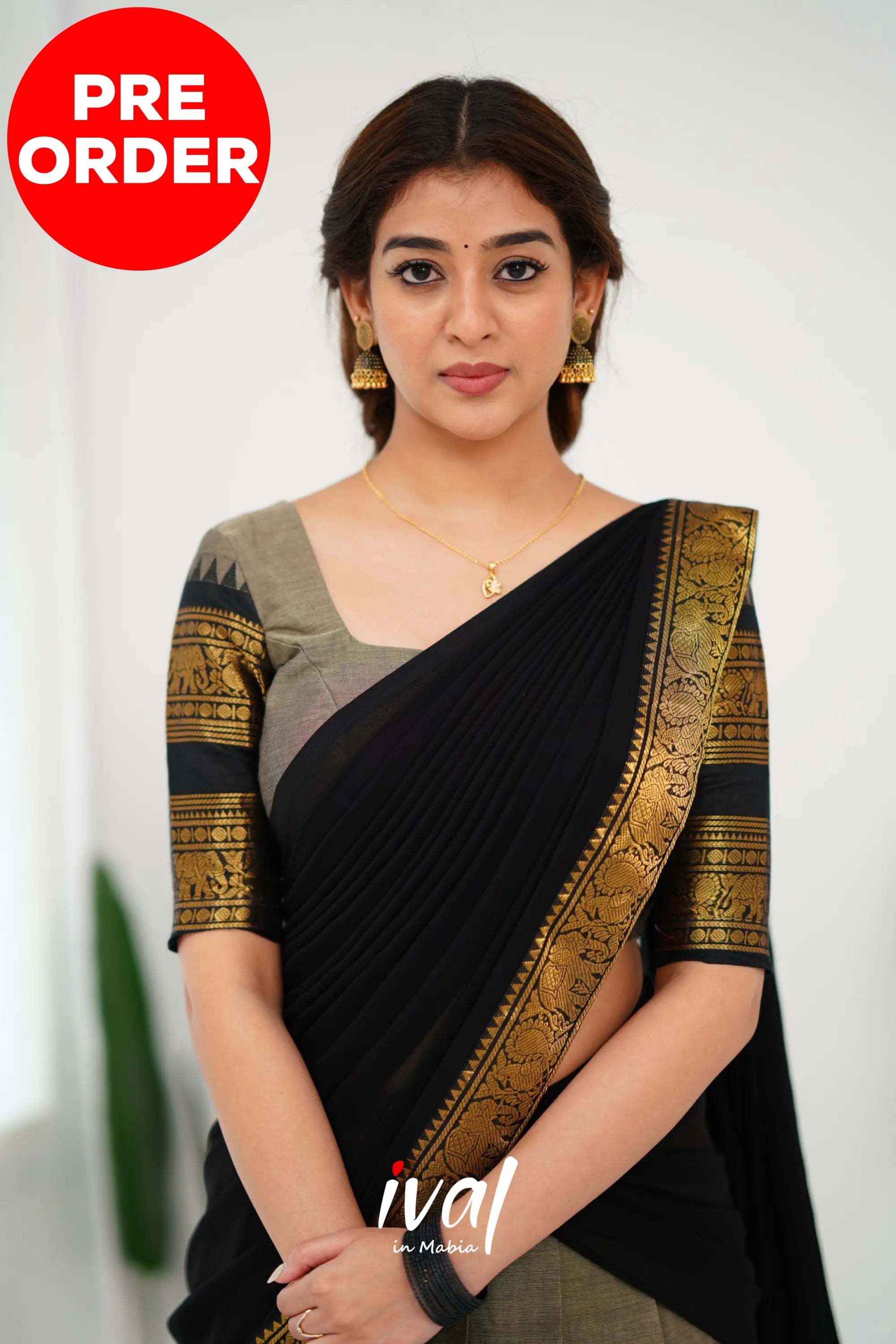 Padmaja Cotton Half Saree - Ash And Black Sarees