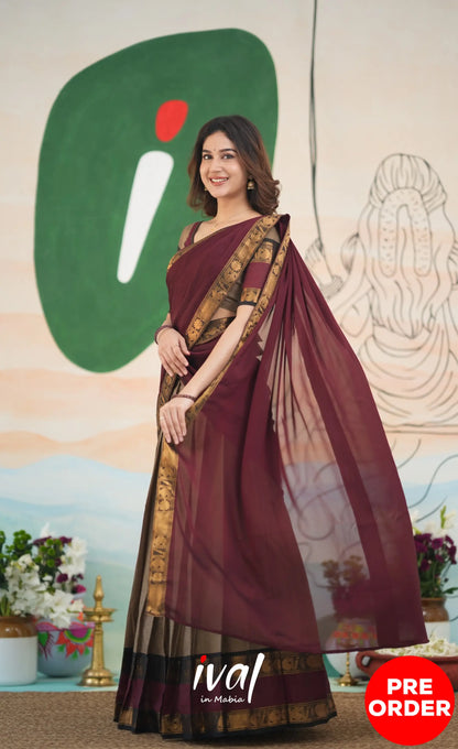 Padmaja Cotton Half Saree - Beige and Dark Maroon Half Sarees