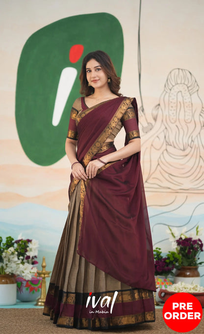 Padmaja Cotton Half Saree - Beige and Dark Maroon Half Sarees