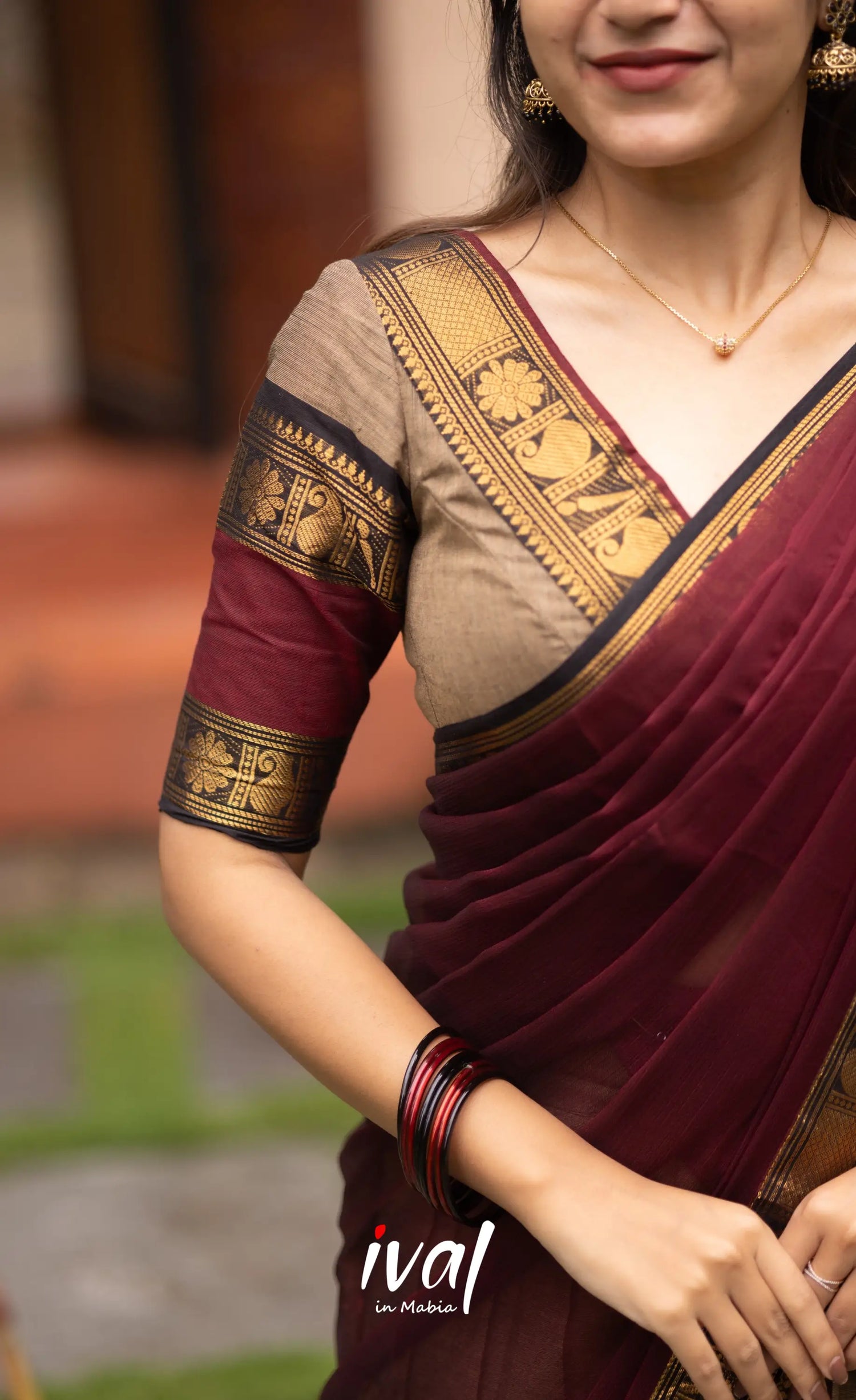 Padmaja Cotton Half Saree - Beige and Dark Maroon Half Sarees