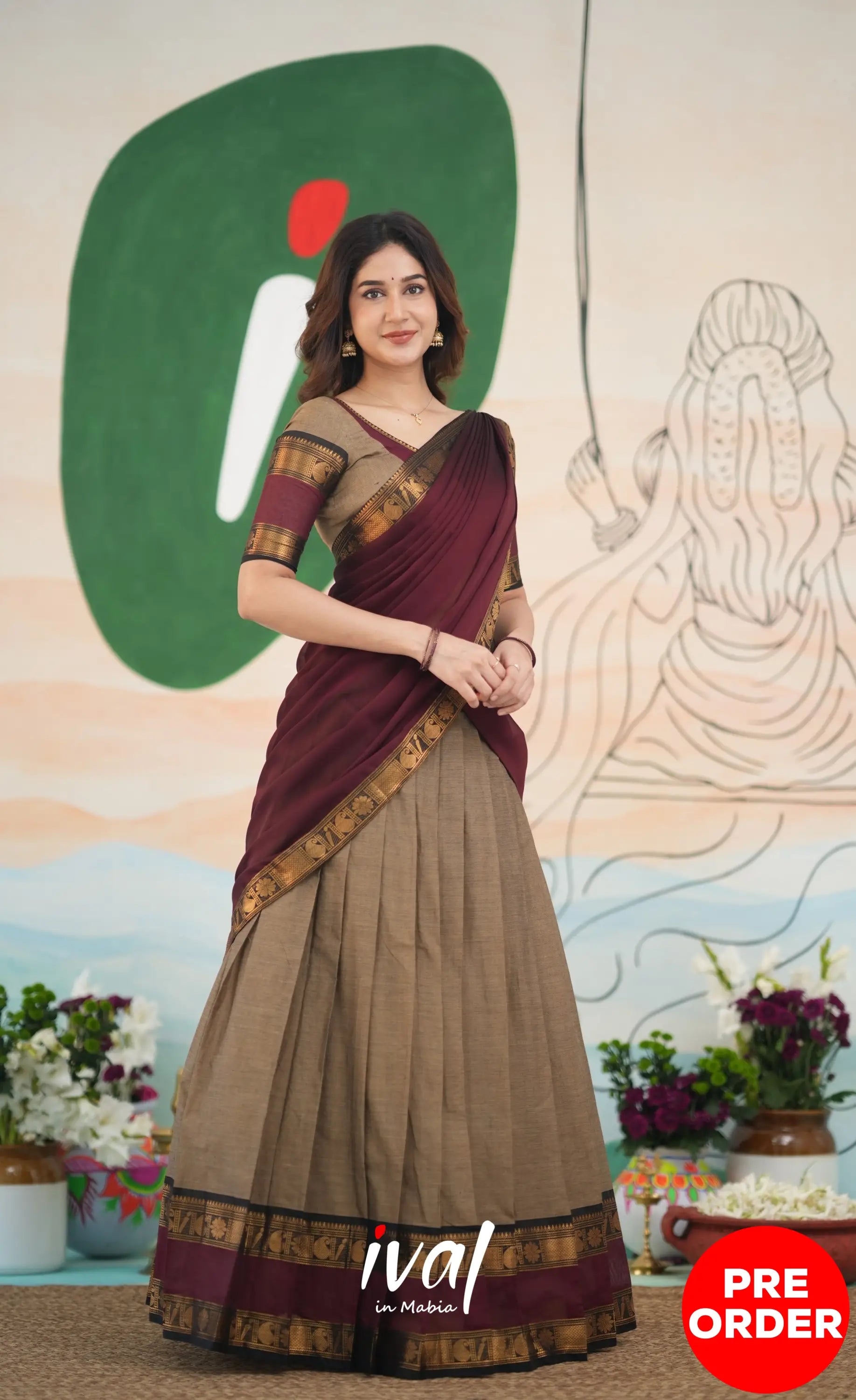 Padmaja Cotton Half Saree - Beige and Dark Maroon Half Sarees