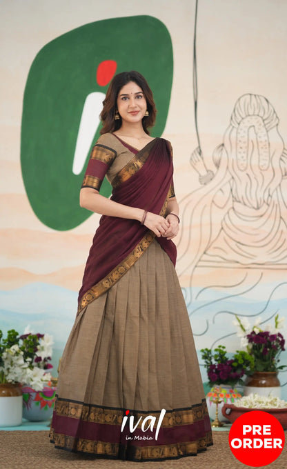 Padmaja Cotton Half Saree - Beige and Dark Maroon Half Sarees