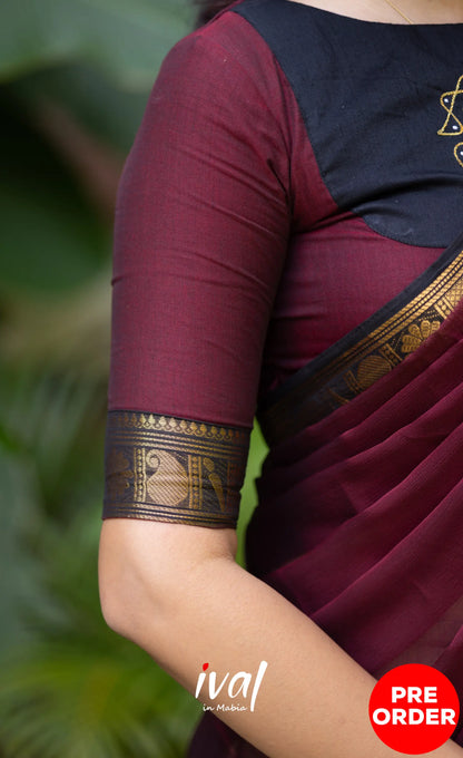 Padmaja Cotton Half Saree - Beige and Dark Maroon Half Sarees