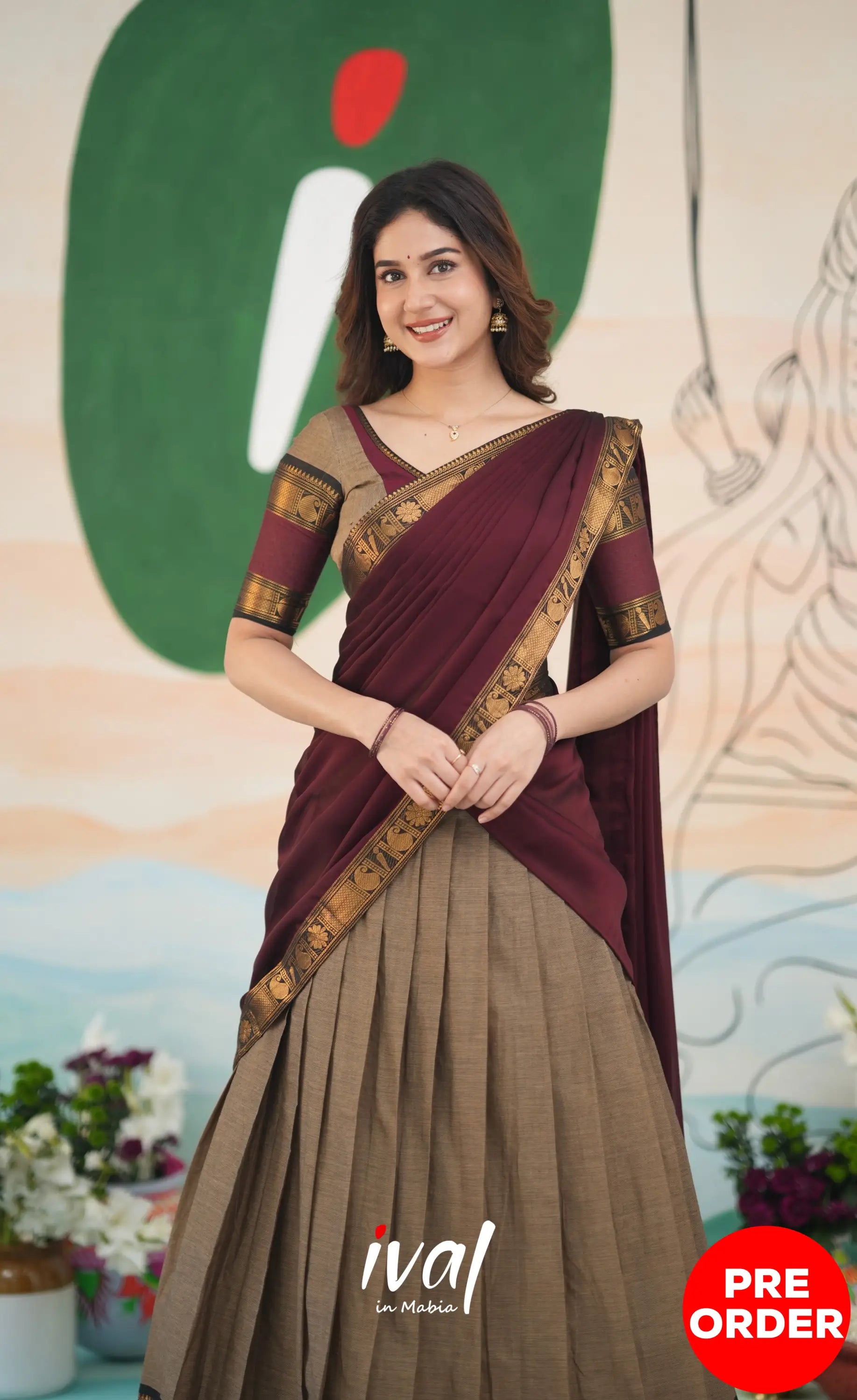 Padmaja Cotton Half Saree - Beige and Dark Maroon Half Sarees
