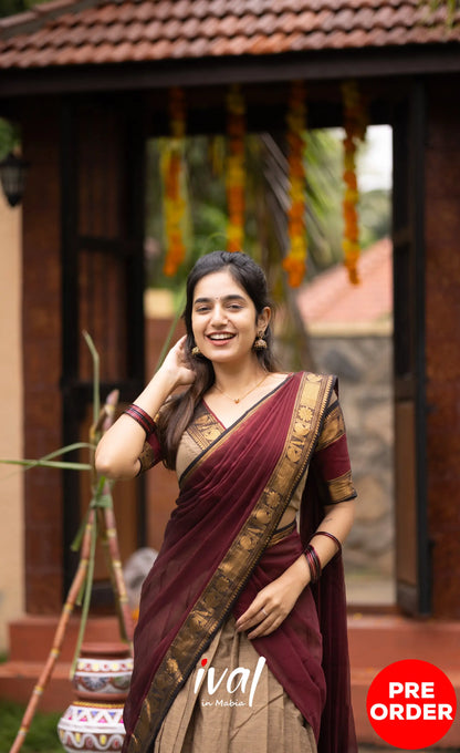 Padmaja Cotton Half Saree - Beige and Dark Maroon Half Sarees