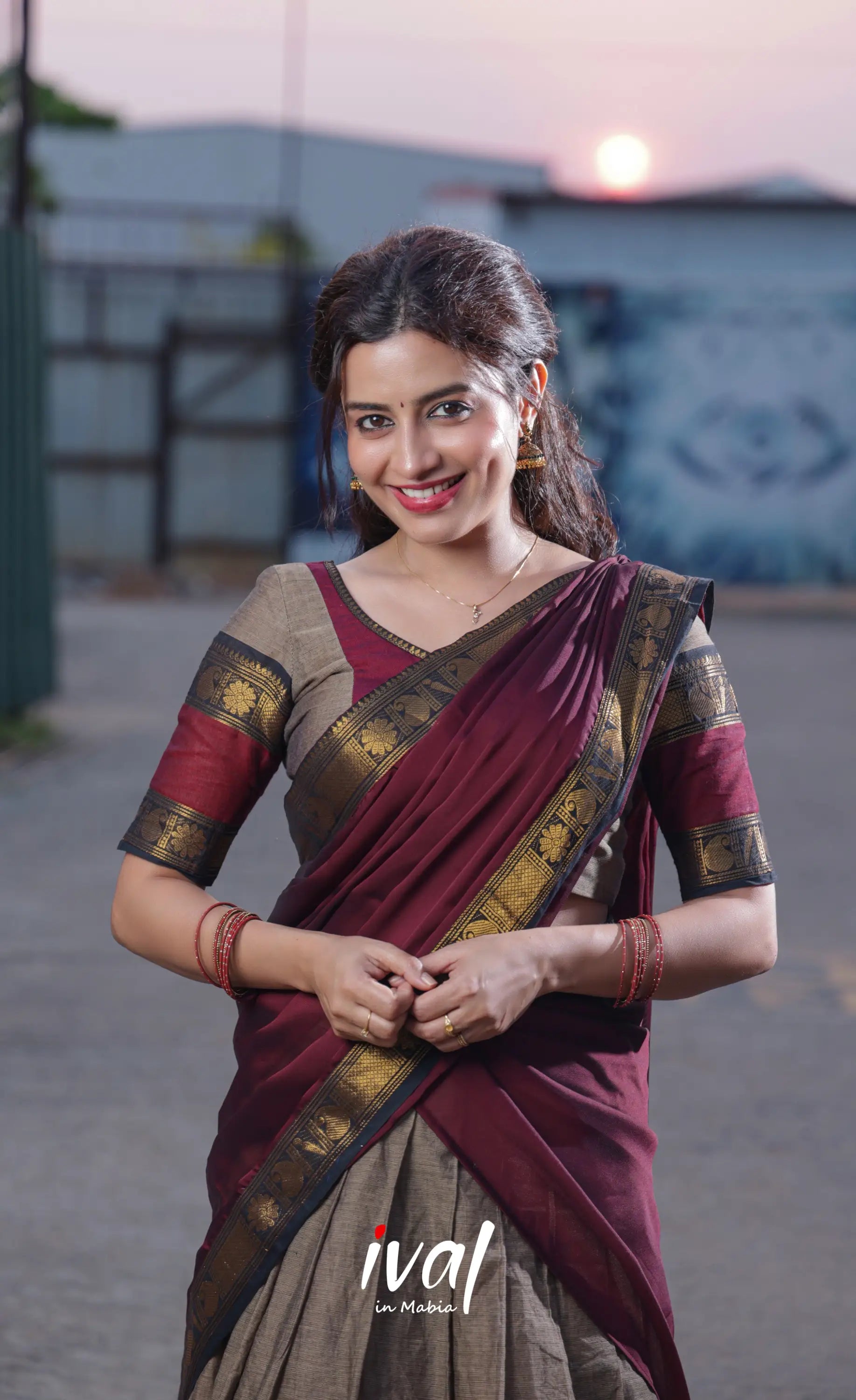 Padmaja Cotton Half Saree - Beige and Dark Maroon - Half Sarees