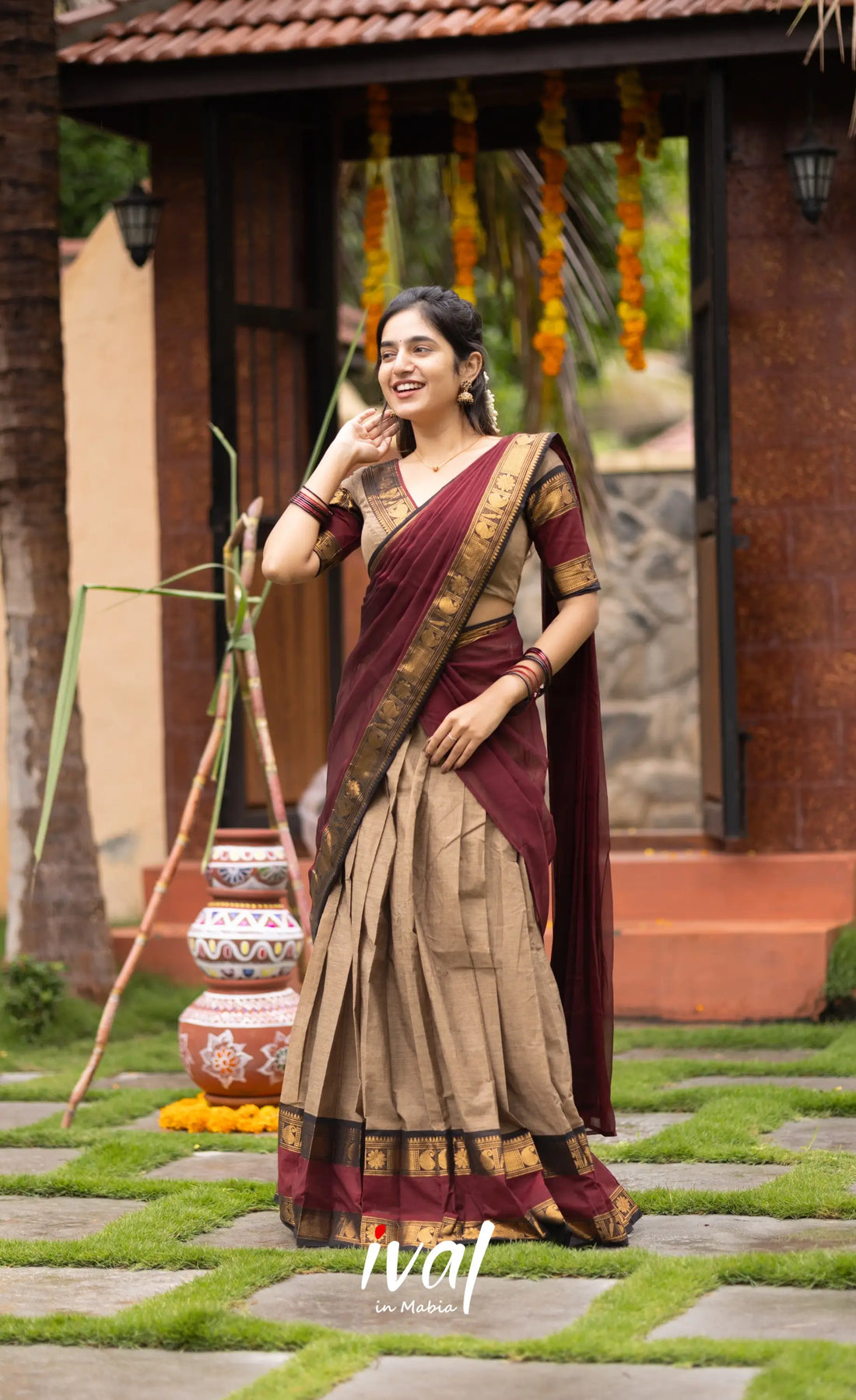Padmaja Cotton Half Saree - Beige and Dark Maroon Half Sarees
