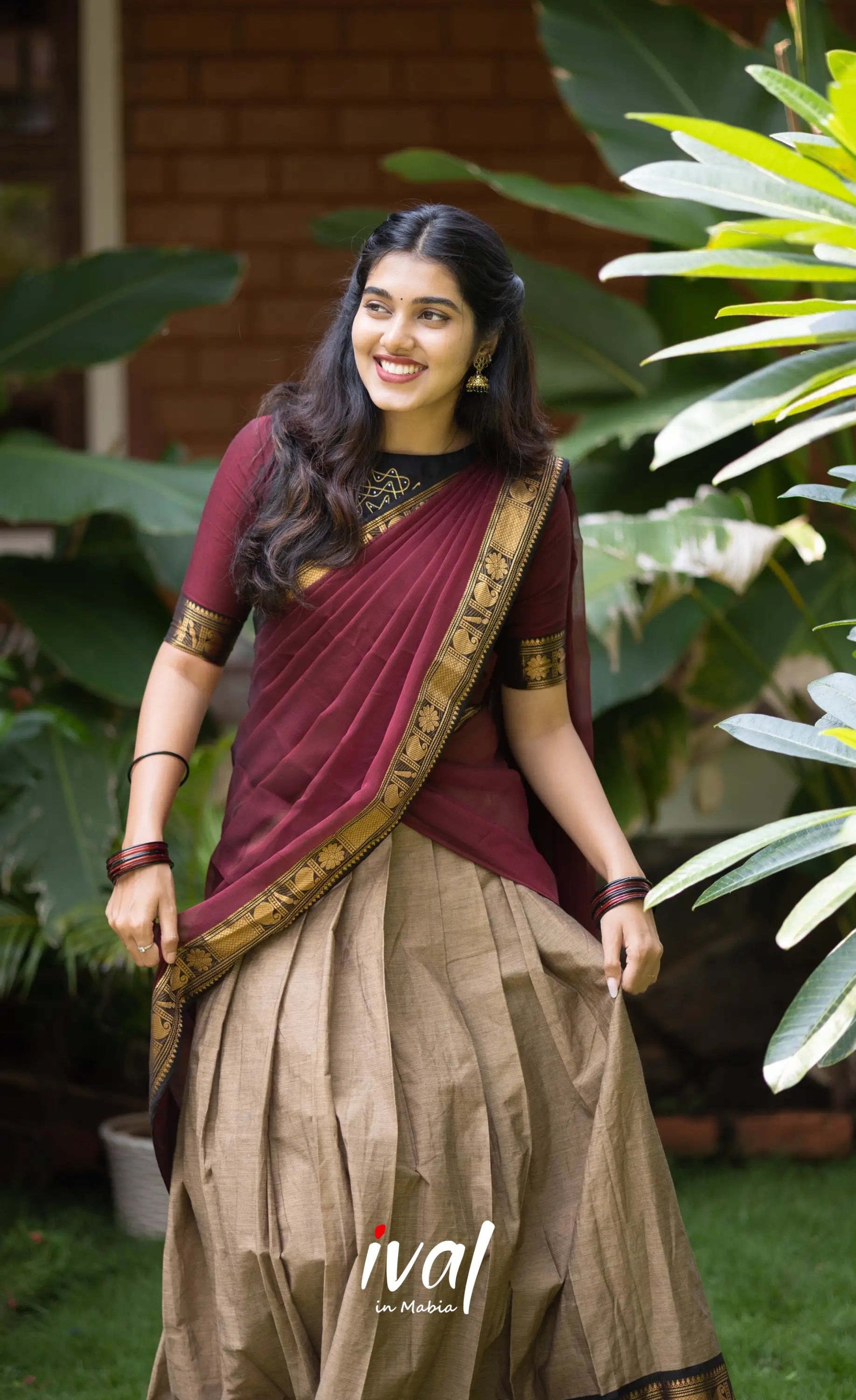 Padmaja Cotton Half Saree - Beige and Dark Maroon Half Sarees