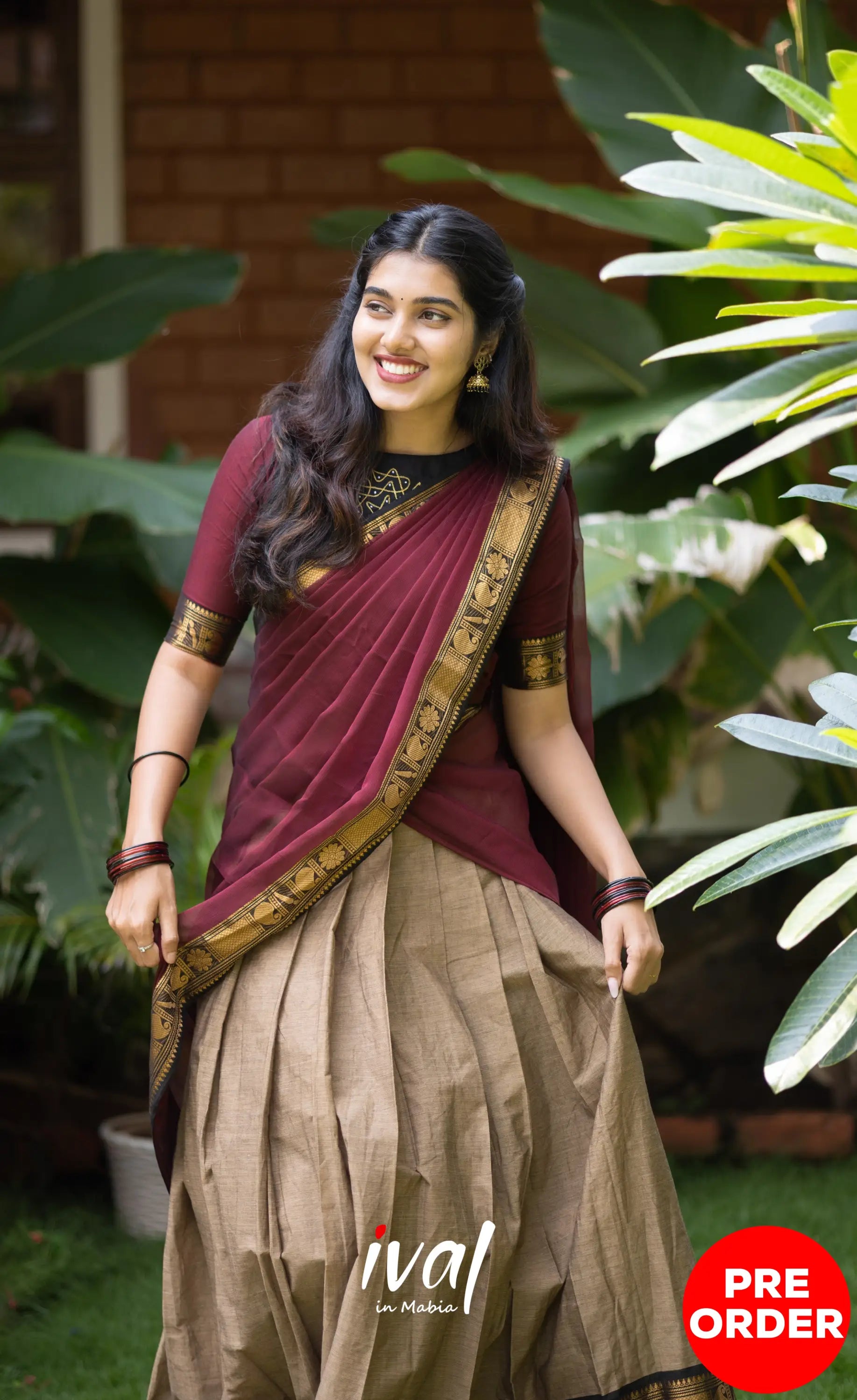 Padmaja Cotton Half Saree - Beige and Dark Maroon Half Sarees